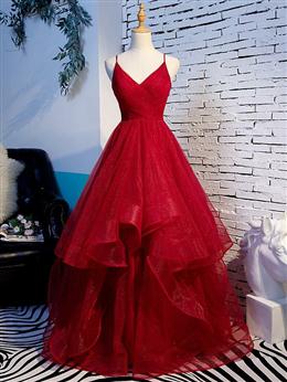 Picture of Charming Wine Red Color Straps Sweetehart Layers Tulle Formal Dresses, Long Party Dresses